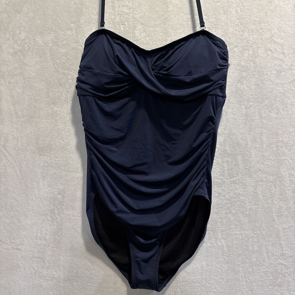 Garnet Hill Ruched Bandeau One-Piece Swimsuit Navy Blue Women's Size 14 NWT Swim
